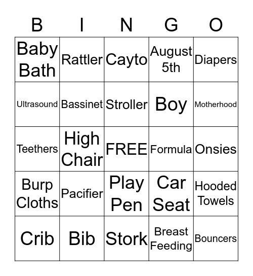 Celeste's Baby Shower Bingo Card