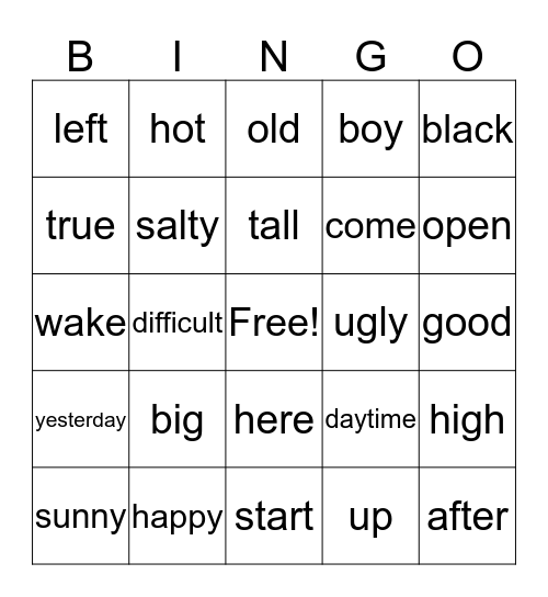 opposites Bingo Card