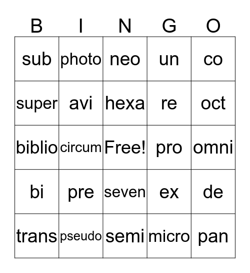 Prefix Bingo Card