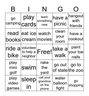 Summer Vacation Bingo Card