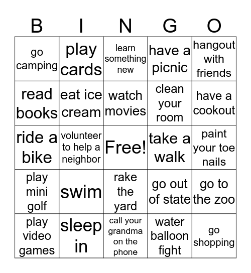 Summer Vacation Bingo Card