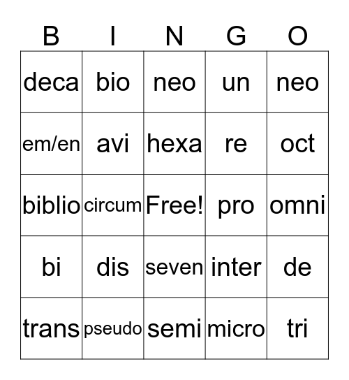 Prefix Bingo Card