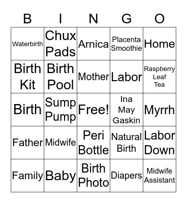 Home Birth Bingo Card