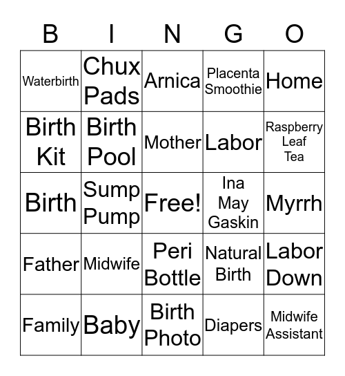 Home Birth Bingo Card