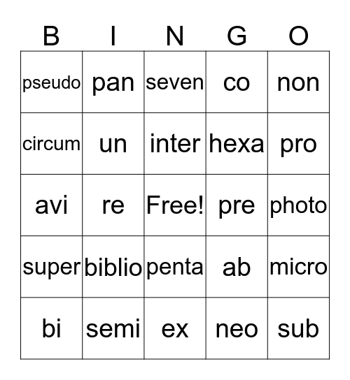 Prefix Bingo Card