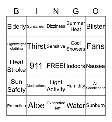 Sun Safety Bingo Card