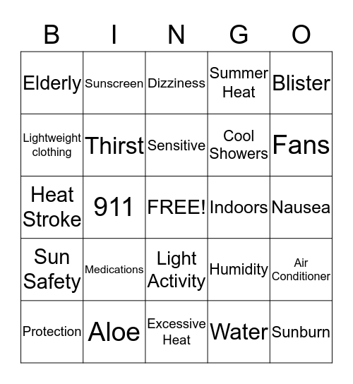 Sun Safety Bingo Card