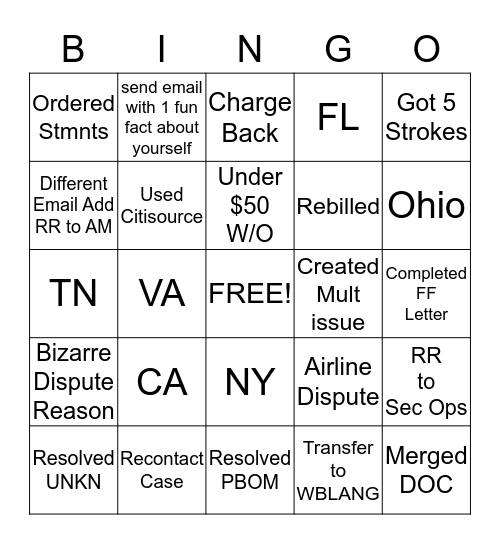 Dispute Bingo Card