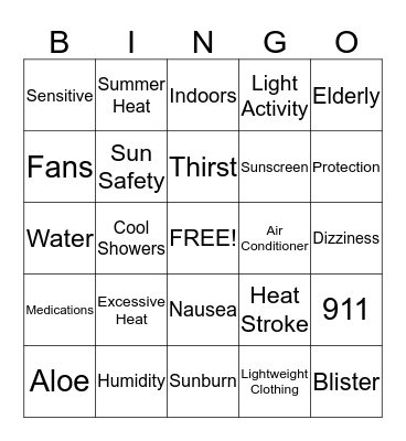 Sun Safety Bingo Card