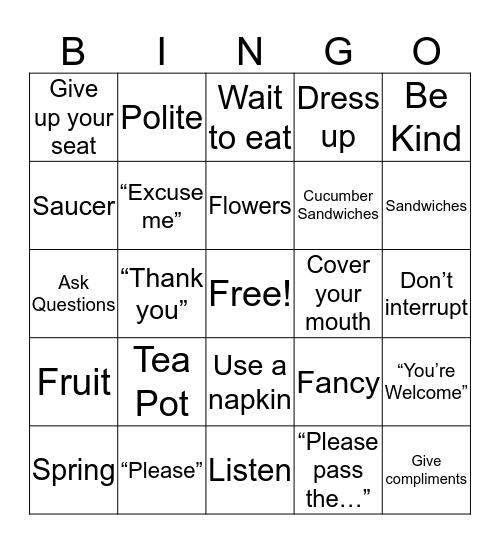 Manners Tea Bingo Card