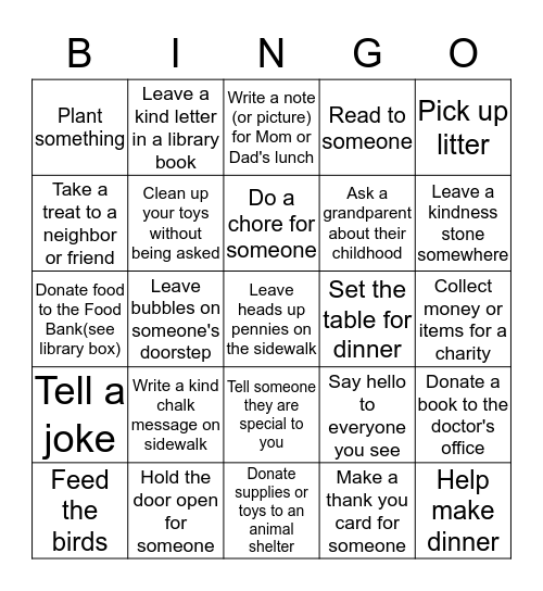 Acts of Kindness Bingo: Do 5 to Enter the Drawing Bingo Card