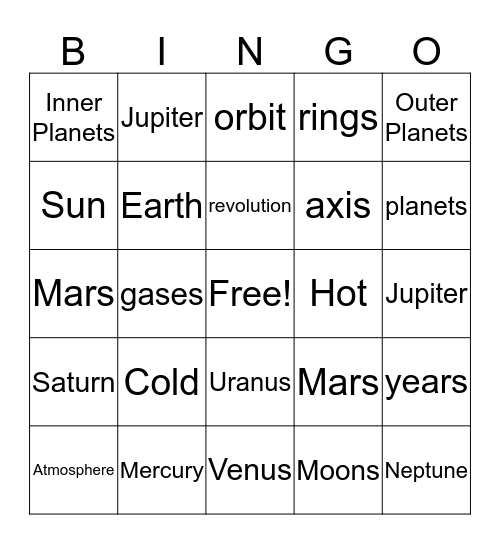 Planets Bingo Card