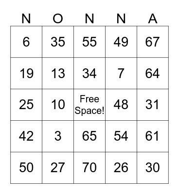 Nonna Bingo Card