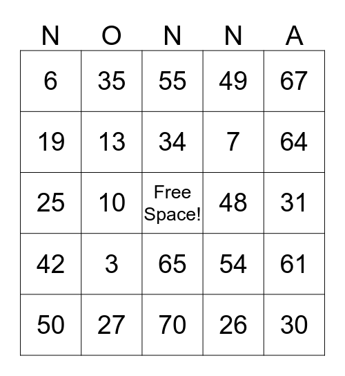 Nonna Bingo Card