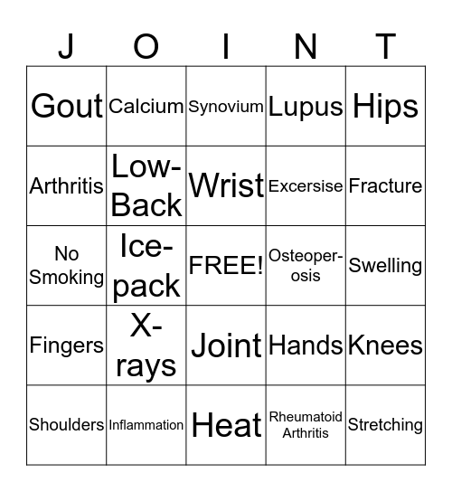 Joint Health Bingo Card