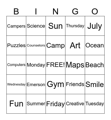 Summer Camp Bingo Card