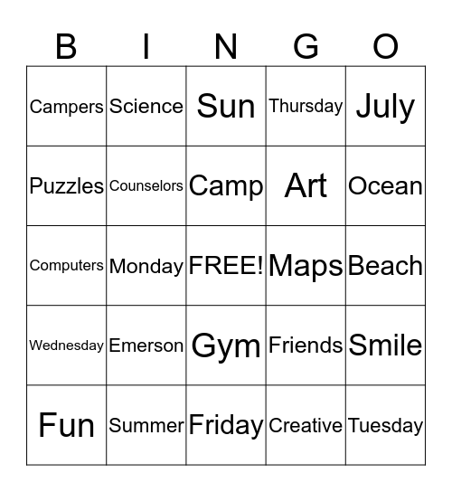 Summer Camp Bingo Card