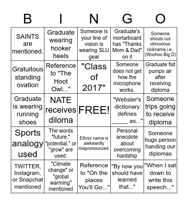 Nate's St. Lawrence Graduation Bingo Card