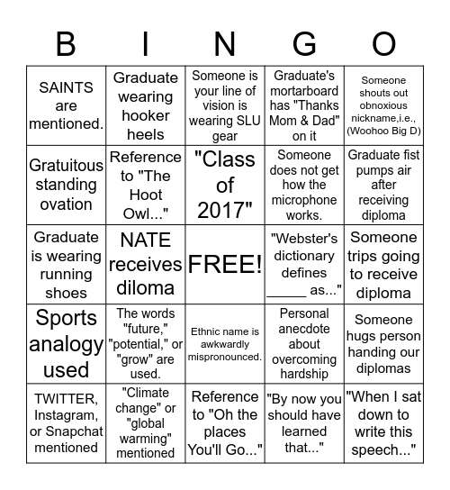 Nate's St. Lawrence Graduation Bingo Card