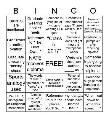 Nate's St. Lawrence Graduation Bingo Card