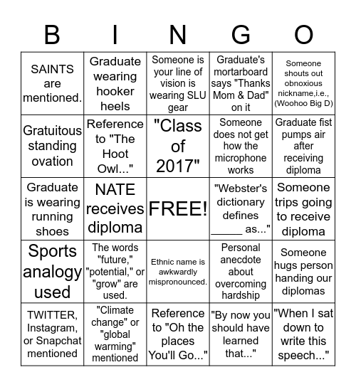 Nate's St. Lawrence Graduation Bingo Card