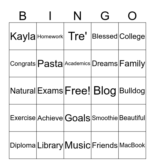 Congratulations Kayla Bingo Card