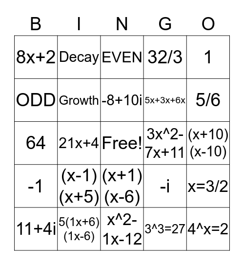 Math Bingo Card