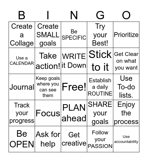 Tips for Reaching your Goals- BINGO! Bingo Card