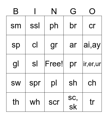 Letter Blends and Digraphs Bingo Card