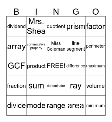 Math Vocab Bingo Card