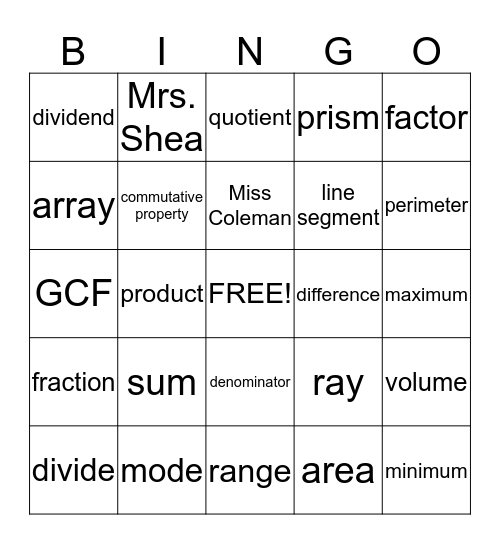 Math Vocab Bingo Card