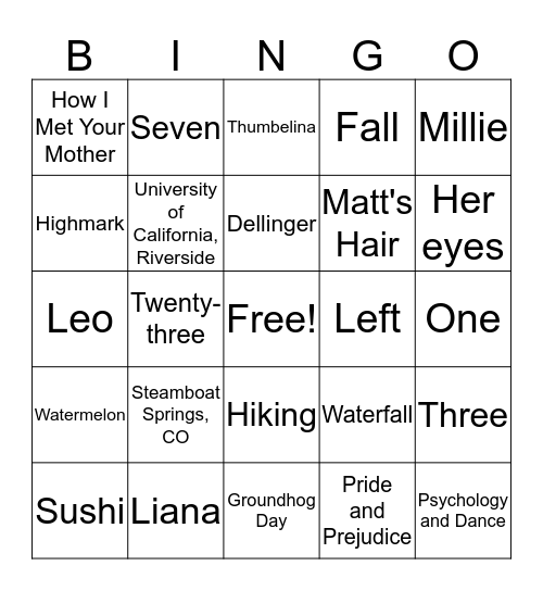 Bridal Bingo Card