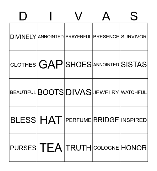D.I.V.A.S. BINGO Card