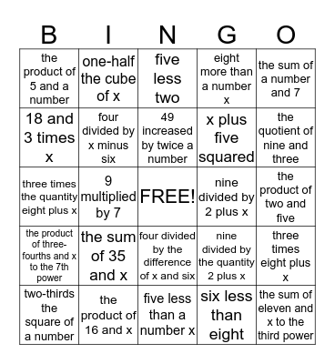 Expressions Bingo Card