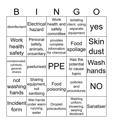 WHS, infection control Bingo Card