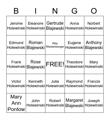 Holewinski Family Bingo Card