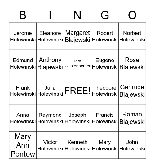 Holewinski Family Bingo Card