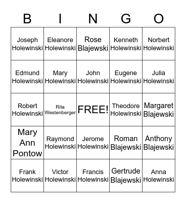 Holewinski Family Bingo Card