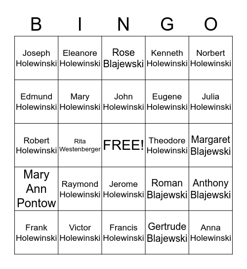 Holewinski Family Bingo Card