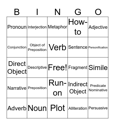 Grammar Bingo Card