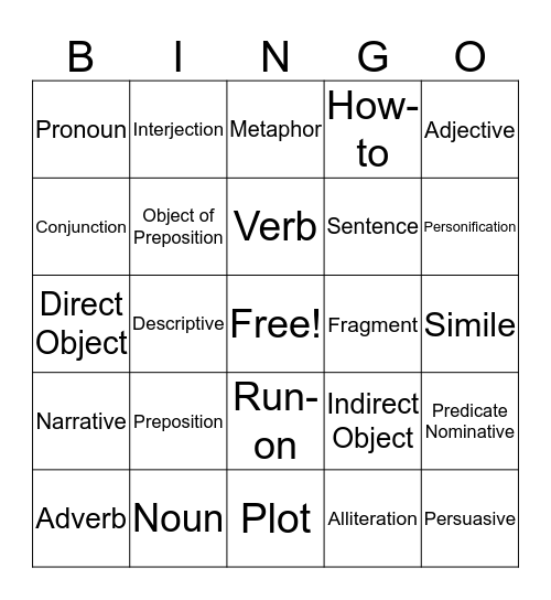 Grammar Bingo Card