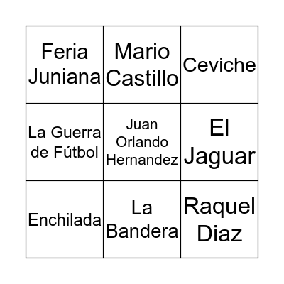 Honduras Bingo Card