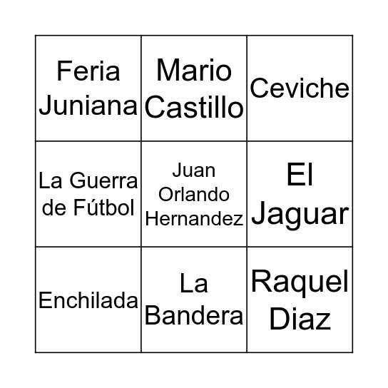 Honduras Bingo Card