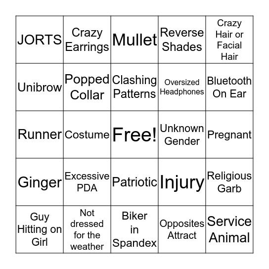 People Watching Bingo Card