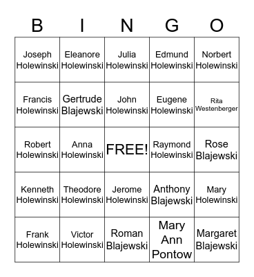 Holewinski Family Bingo Card