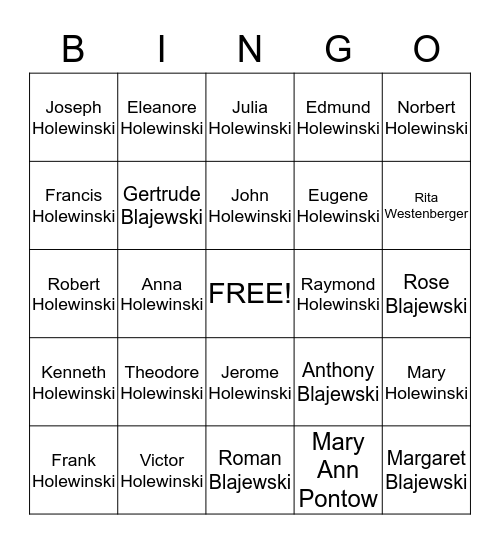 Holewinski Family Bingo Card