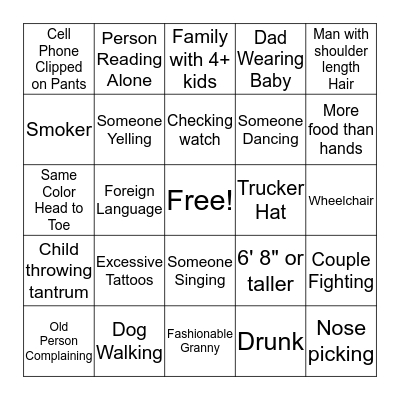 People Watching Bingo Card