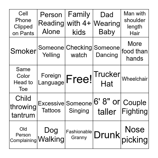 People Watching Bingo Card