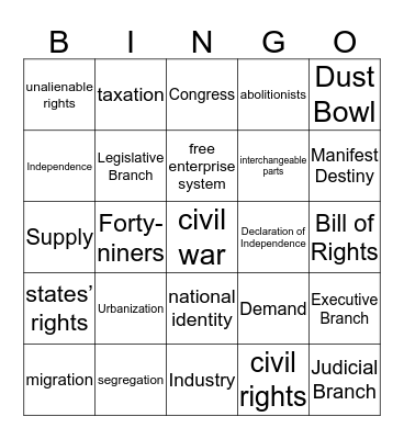 American History Review Bingo Card