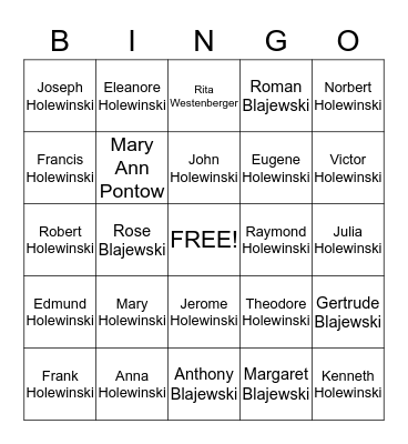 Holewinski Family Bingo Card